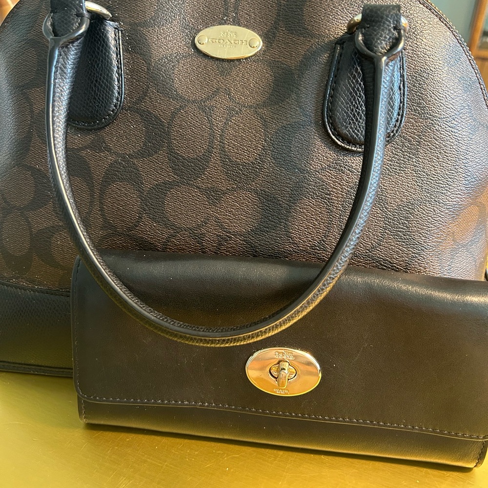 Coach Brown and Black Signature Handbag and Wallet Set